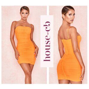 House of CB / London Neon Orange Ruched and Mesh Mini Dress